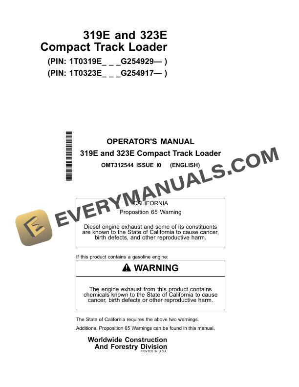 John Deere 319E 323E Compact Track Loader Operator Manual OMT312544