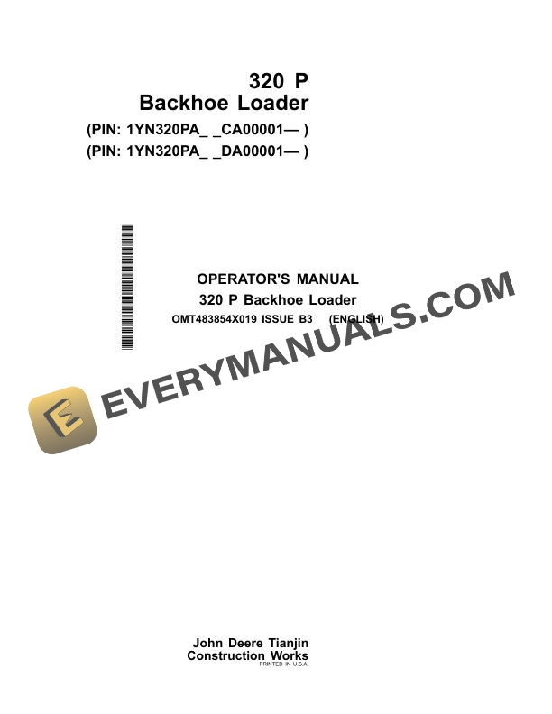 John Deere 320 P Backhoe Loader Operator Manual OMT483854X019