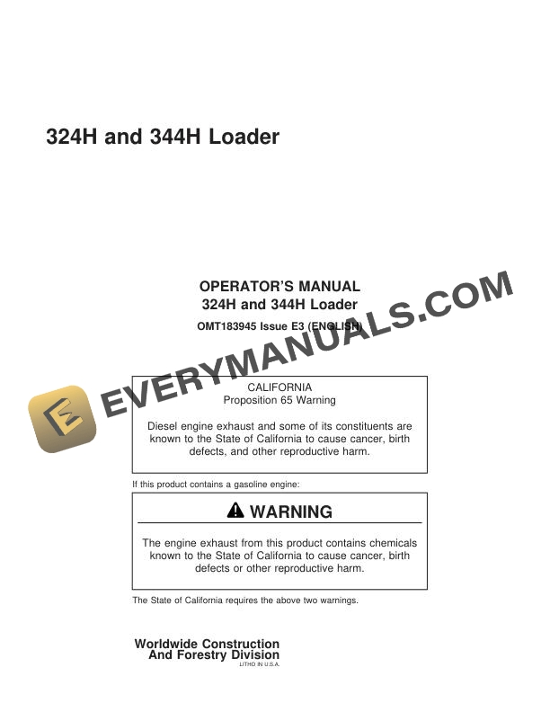 John Deere 324H 344H Loader Operator Manual OMT183945