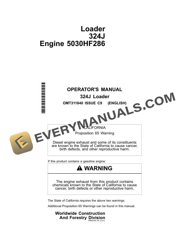 John Deere 324J Loader Operator Manual OMT311840 1 John Deere 324J Loader Operator Manual OMT311840