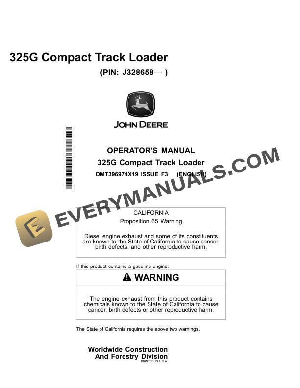 John Deere 325G Compact Track Loader Operator Manual OMT396974X19