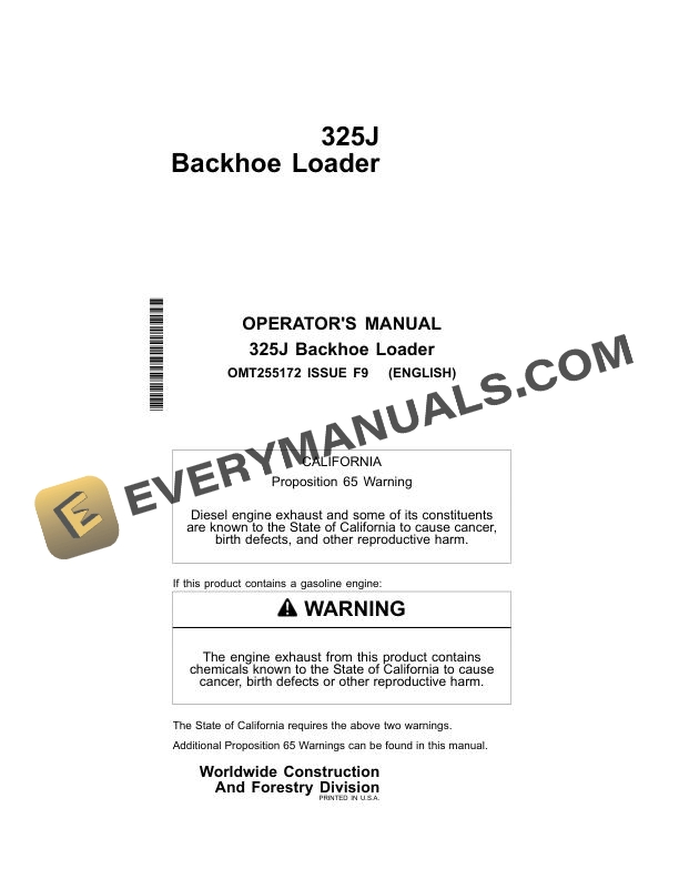John Deere 325J Backhoe Loader Operator Manual OMT255172
