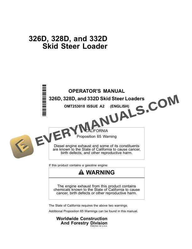 John Deere 326D, 328D, 332D Skid Steer Loader Operator Manual OMT253018