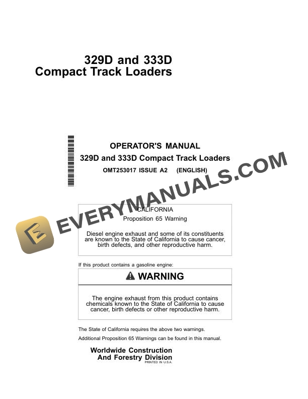 John Deere 329D, 333D Compact Track Loader Operator Manual OMT253017