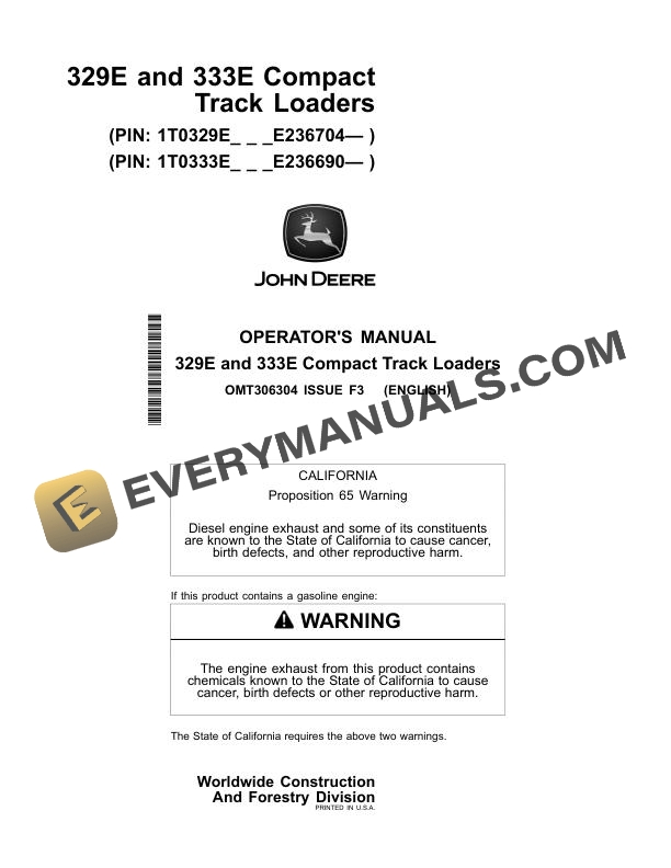 John Deere 329E, 333E Compact Track Loader Operator Manual OMT306304