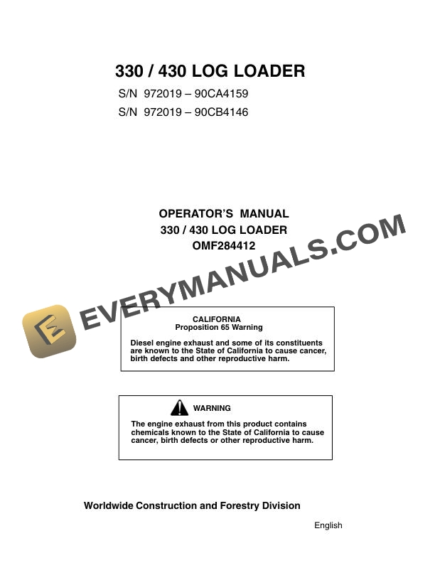 John Deere 330, 430 Log Loader Operator Manual OMF284412