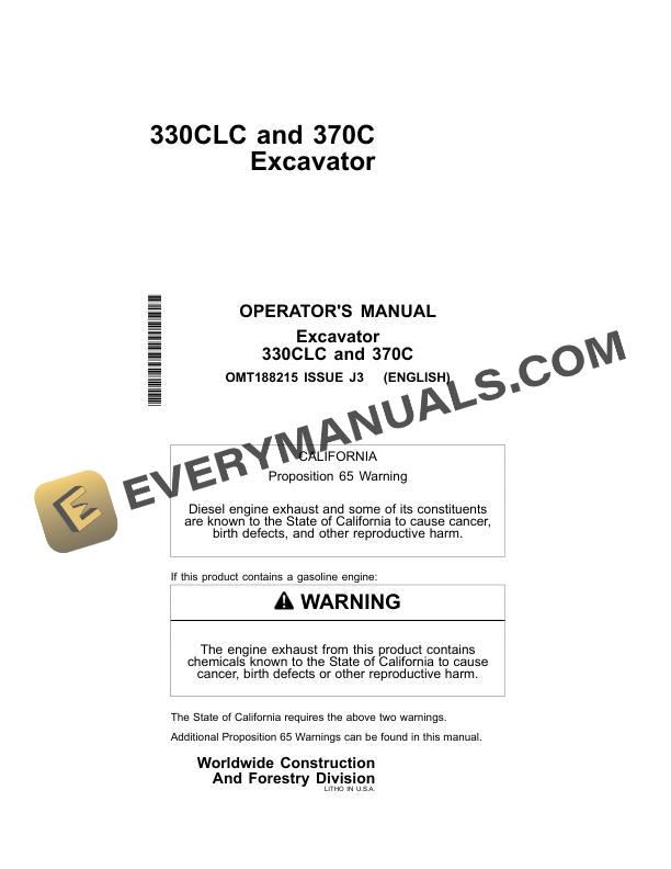 John Deere 330CLC, 370C Excavator Operator Manual OMT188215