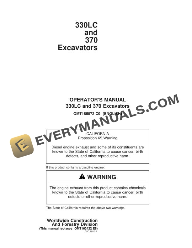John Deere 330LC, 370 Excavator Operator Manual OMT185072