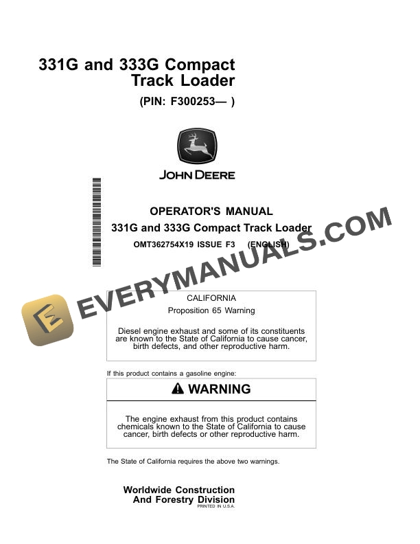 John Deere 331G, 333G Compact Track Loader Operator Manual OMT362754X19