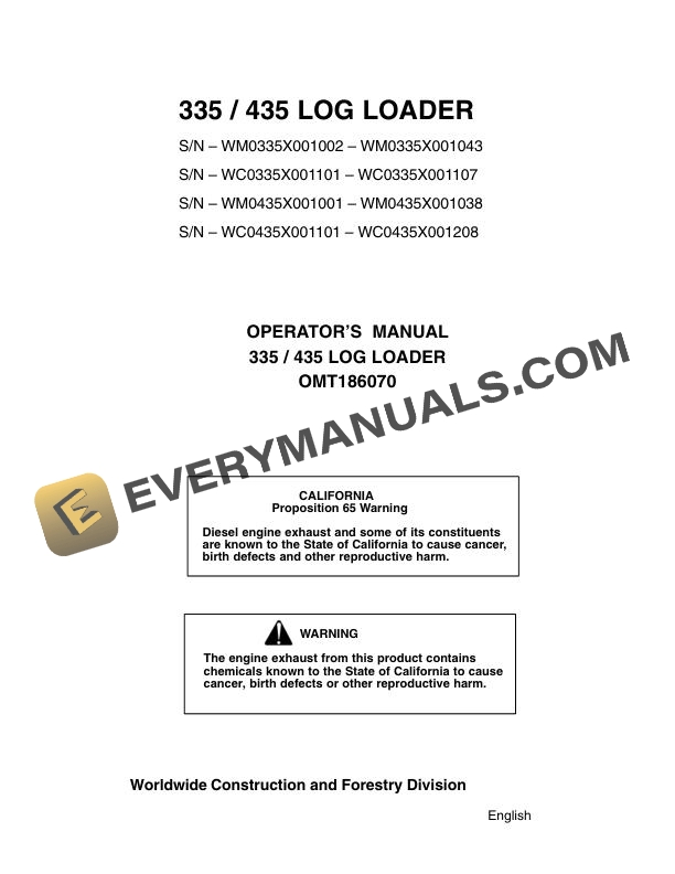 John Deere 335, 435 Log Loader Operator Manual OMT186070