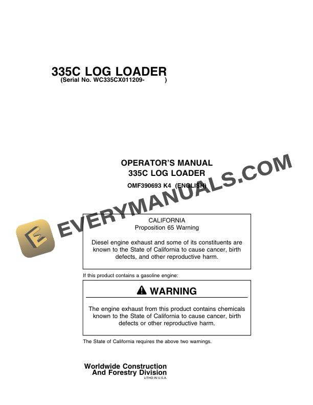 John Deere 335C Log Loader Operator Manual OMF390693