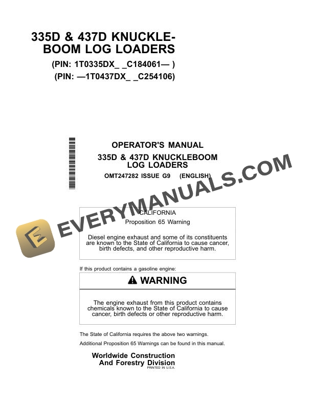 John Deere 335D, 437D Knuckleboom Log Loader Operator Manual OMT247282