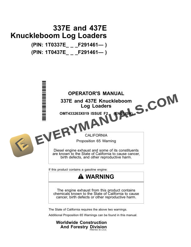 John Deere 337E, 437E Knuckleboom Log Loader Operator Manual OMT433263X019