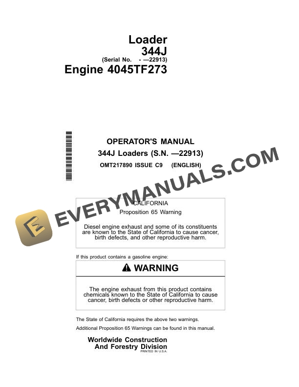 John Deere 344J Loader Operator Manual OMT217890