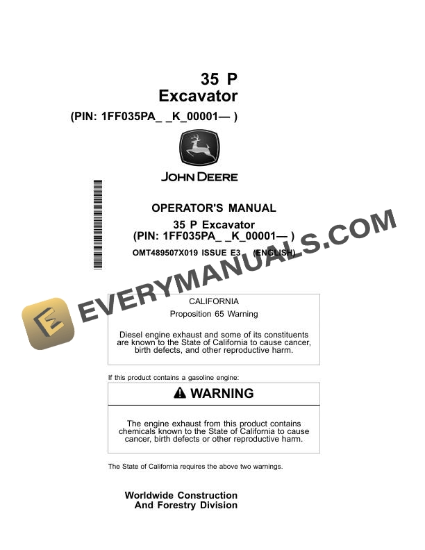 John Deere 35 P Excavator Operator Manual OMT489507X019