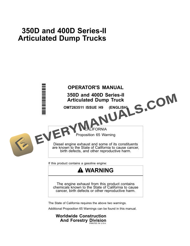 John Deere 350D, 400D Series II Articulated Dump Truck Operator Manual OMT263511