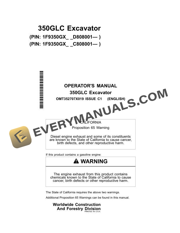 John Deere 350GLC Excavator Operator Manual OMT352707X019