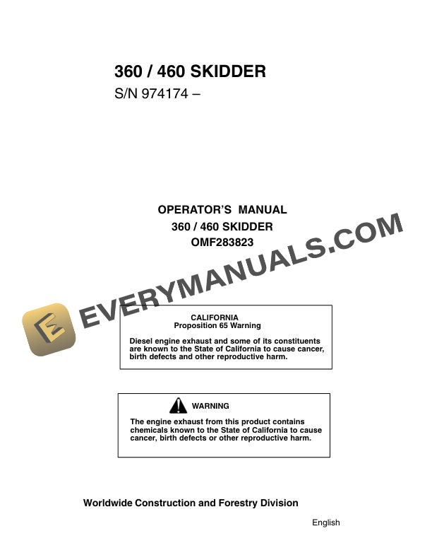 John Deere 360, 460 Skidder Operator Manual OMF283823