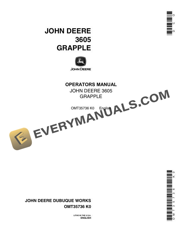 John Deere 3605 Grapple Operator Manual OMT35736