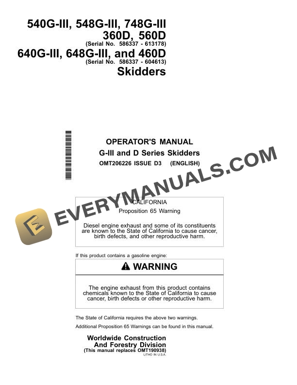 John Deere 360D 460D 560D 540G III to 748G III Skidder Operator Manual OMT206226