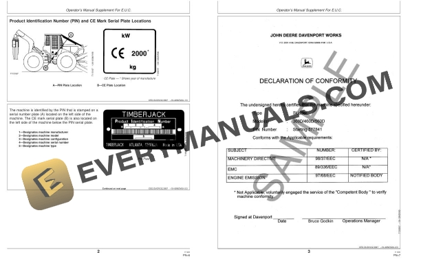 John Deere 360D, 460D, 560D Skidder European Union Countries Operator Manual OMT186453 4 John Deere 360D, 460D, 560D Skidder European Union Countries Operator Manual OMT186453 - Image 2