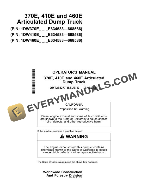 John Deere 370E, 410E, 460E Articulated Dump Truck Operator Manual OMT264277