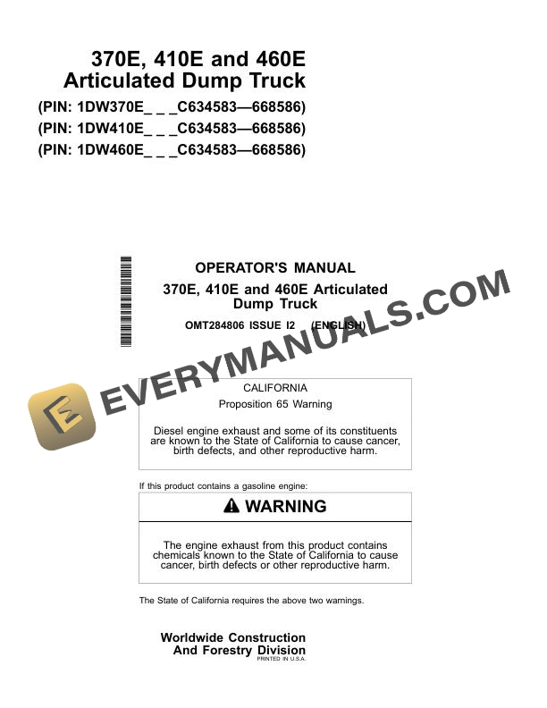 John Deere 370E 410E 460E Articulated Dump Truck Operator Manual OMT284806