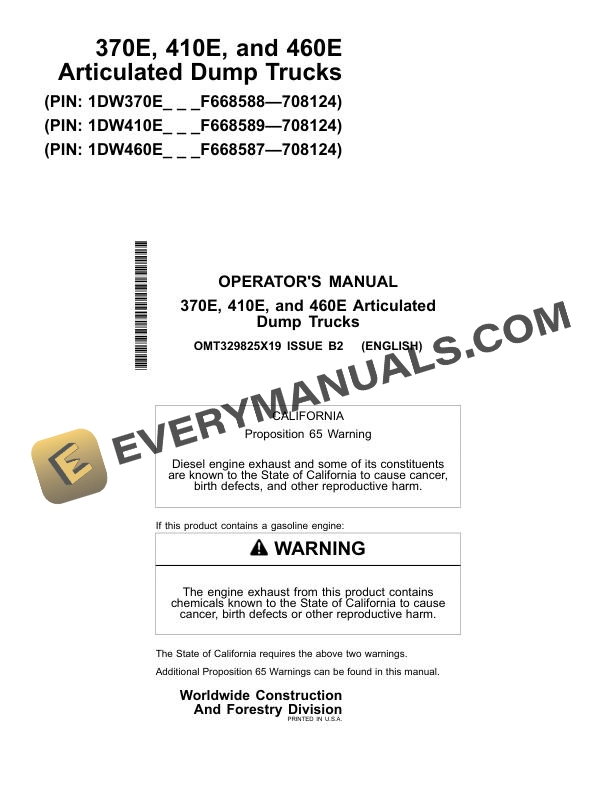 John Deere 370E 410E 460E Articulated Dump Truck Operator Manual OMT329825X19