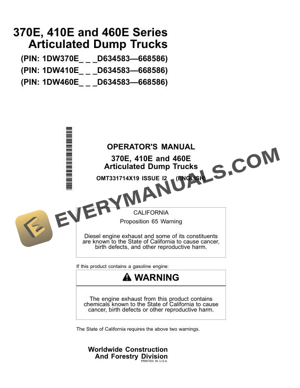 John Deere 370E 410E 460E Series Articulated Dump Truck Operator Manual OMT331714X19