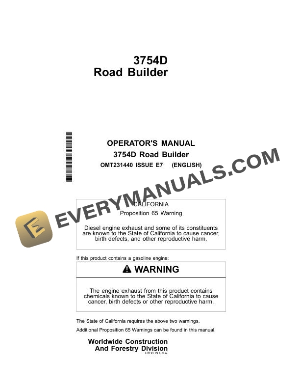 John Deere 3754D Road Builder Operator Manual OMT231440