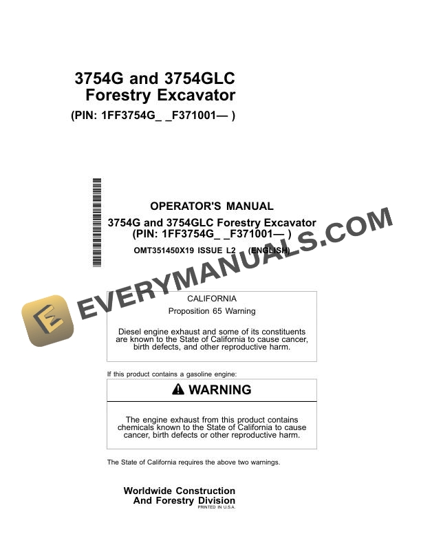 John Deere 3754G 3754GLC Forestry Excavator Operator Manual OMT351450X19
