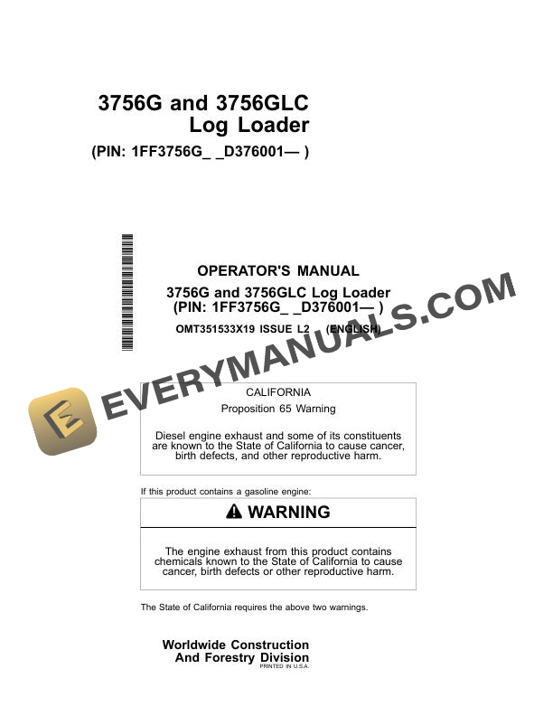 John Deere 3756G, 3756GLC Log Loader Operator Manual OMT351533X19