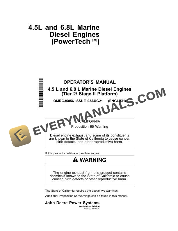 John Deere 4.5L 6.8L Marine Diesel Engine Tier 2 Stage II Platform Operator Manual OMRG35856