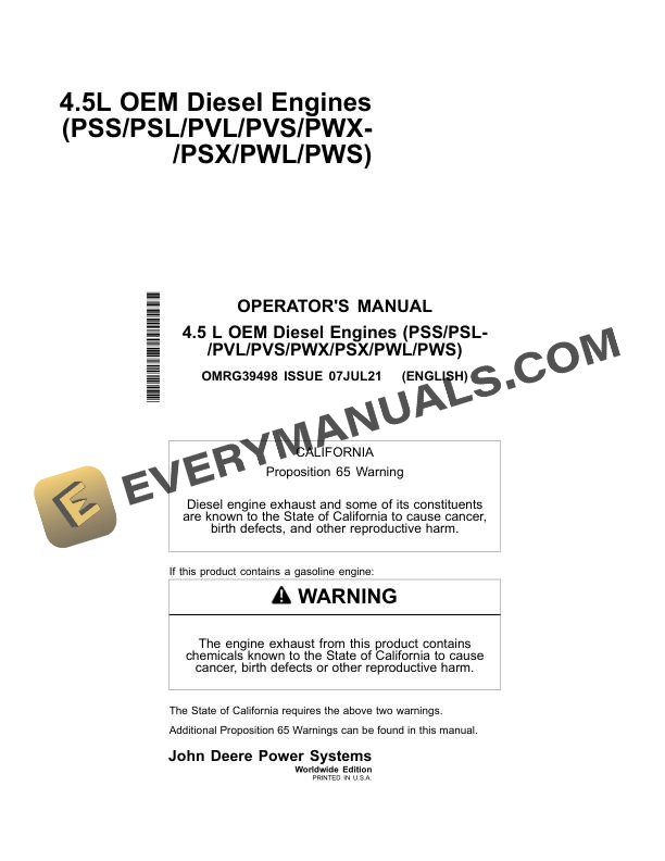 John Deere 4.5L OEM Diesel Engine (PSS PSL PVL PVS PWX PSX PWL PWS) Operator Manual OMRG39498