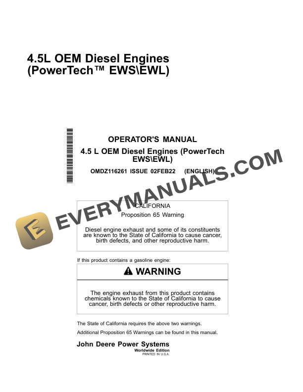 John Deere 4.5L OEM Diesel Engine PowerTech EWS EWL Operator Manual OMDZ116261