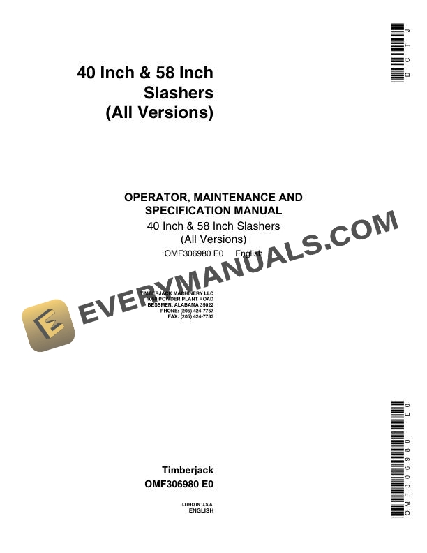 John Deere 40 inch, 58 inch Slasher (All Versions) Operator Manual OMF306980