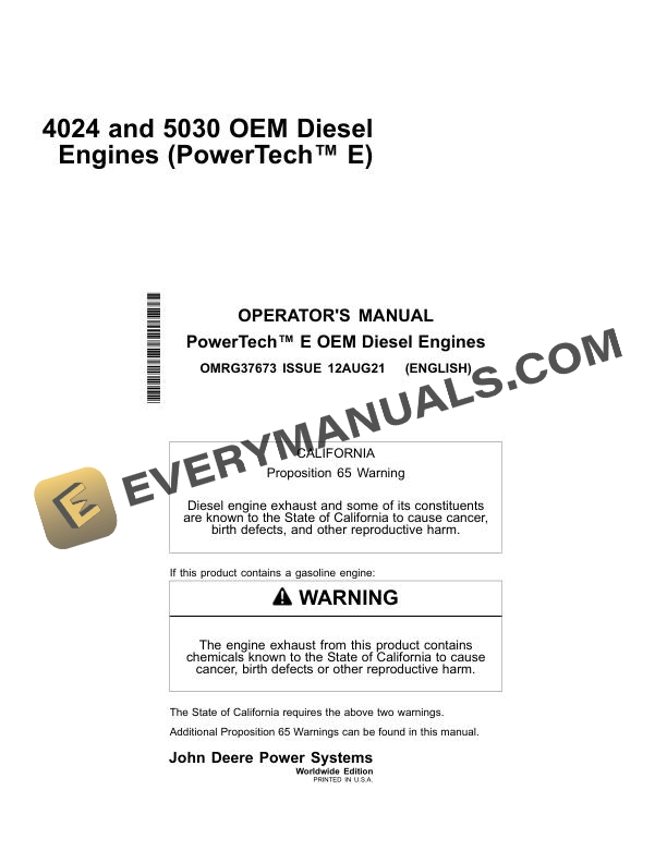 John Deere 4024 5030 OEM Diesel Engine (PowerTech E) Operator Manual OMRG37673