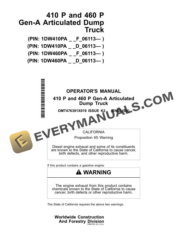 John Deere 410 P and 460 P Gen A Articulated Dump Truck Operator Manual OMT476391X019