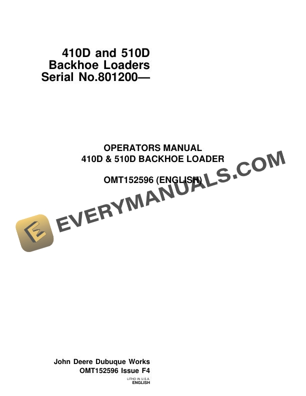 John Deere 410D 510D Backhoe Loader Operator Manual OMT152596