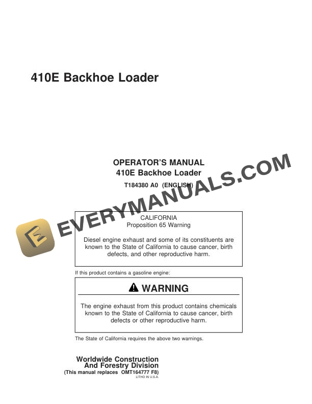 John Deere 410E Backhoe Loader Operator Manual OMT184380