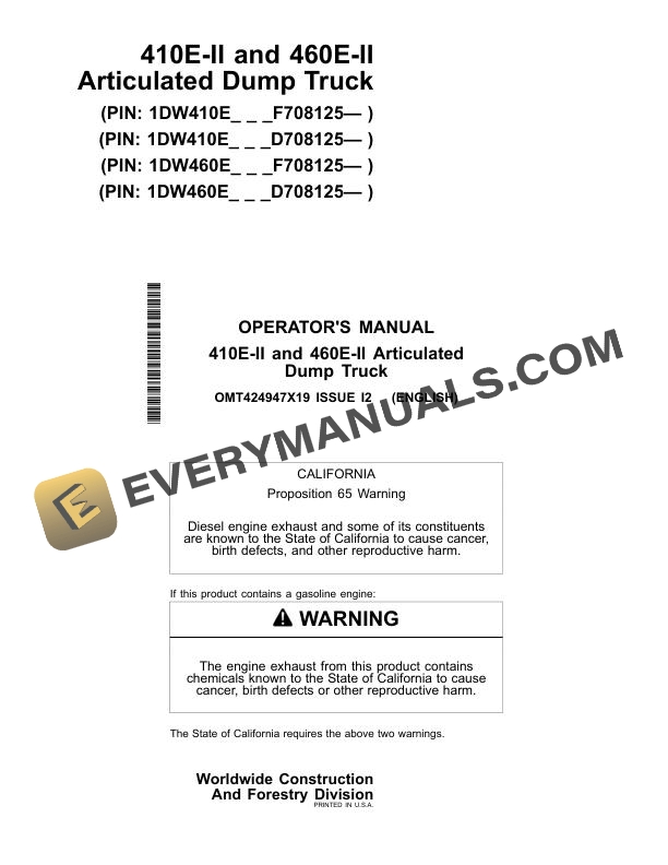 John Deere 410E-II, 460E-II Articulated Dump Truck Operator Manual OMT424947X19