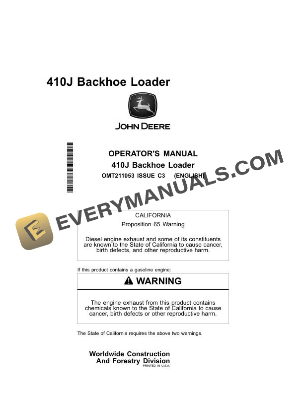 John Deere 410J Backhoe Loader Operator Manual OMT211053