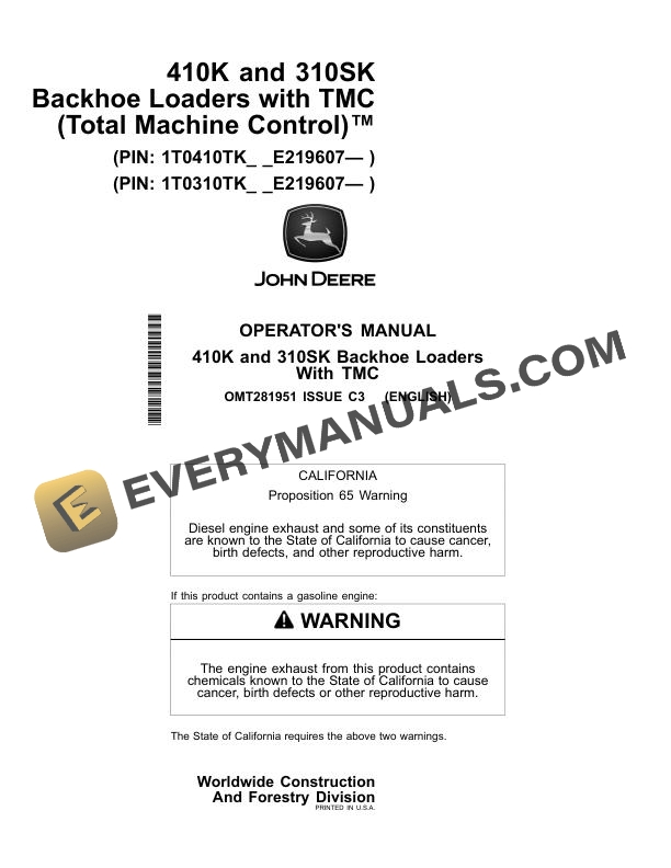 John Deere 410K, 310SK Backhoe Loader with TMC (Total Machine Control) Operator Manual OMT281951