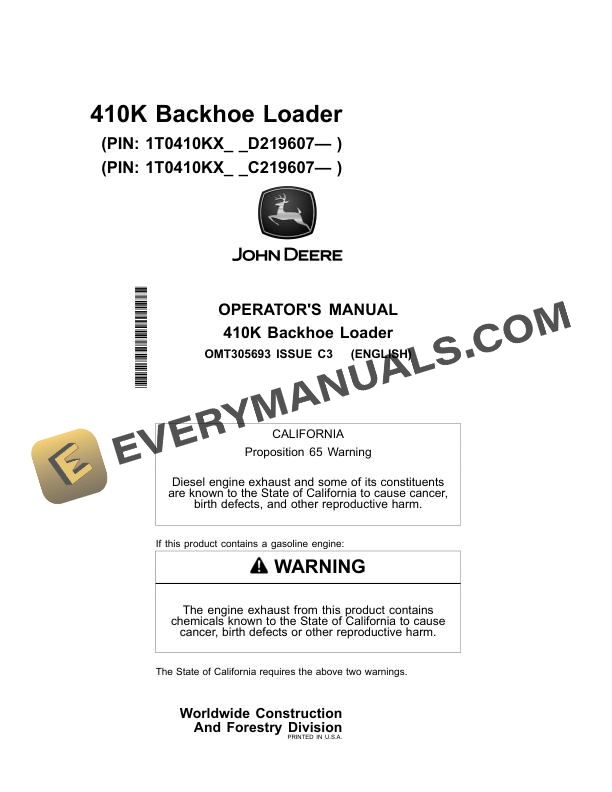John Deere 410K Backhoe Loader Operator Manual OMT305693