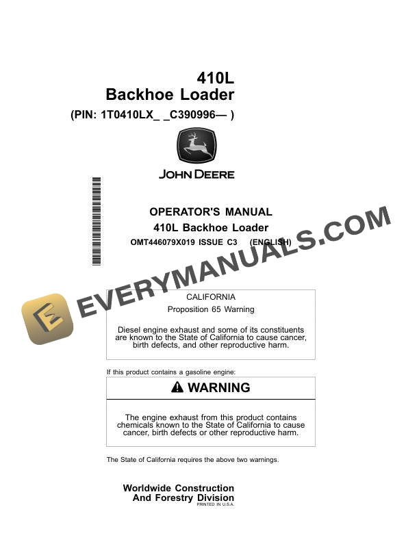 John Deere 410L Backhoe Loader Operator Manual OMT446079X019
