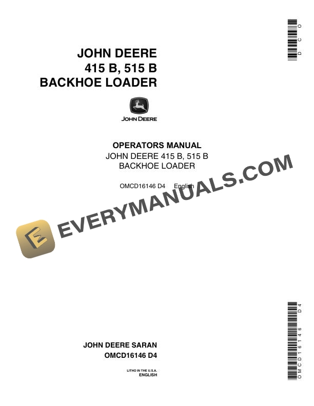 John Deere 415 B and 515 B Backhoe Loader Operator Manual OMCD16146