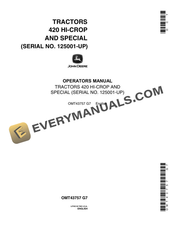 John Deere 420 Hi-Crop and Special Tractor Operator Manual OMT43757