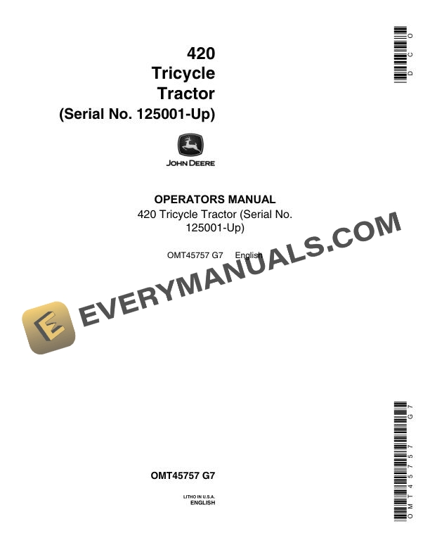 John Deere 420 Tricycle Tractor Operator Manual OMT45757