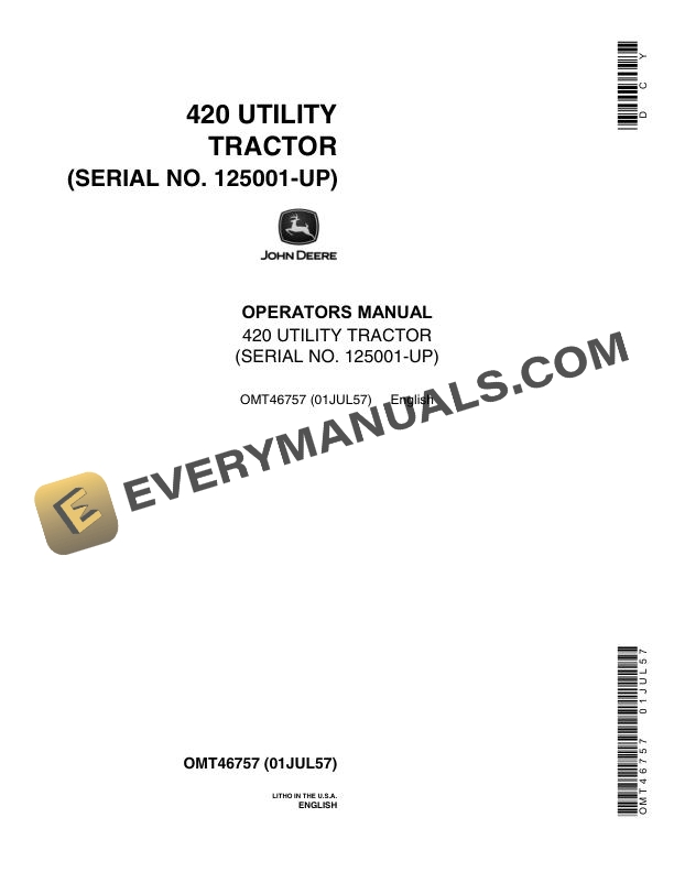 John Deere 420 Utility Tractor Operator Manual OMT46757