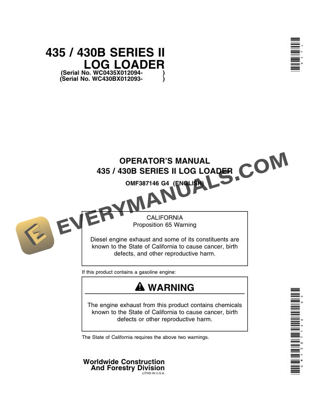 John Deere 435 430B Series II Log Loader Operator Manual OMF387146